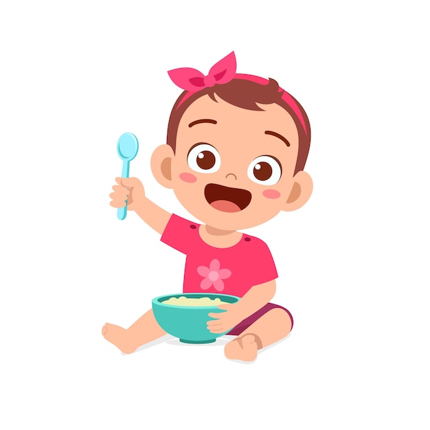 Vector cute little baby girl eat porridge in bowl with spoon