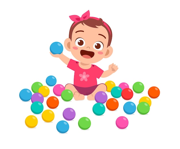 Vector cute little baby girl playing with colorful balls