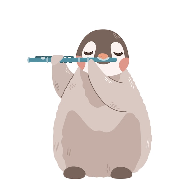 Cute little baby penguin with flute kids vector illustration