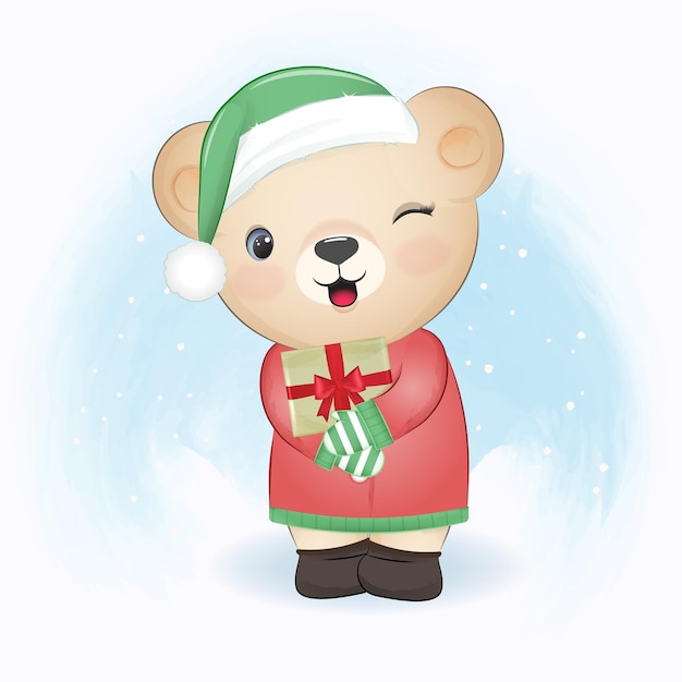 귀여운 작은 곰과 선물 상자 크리스마스 시즌 그림