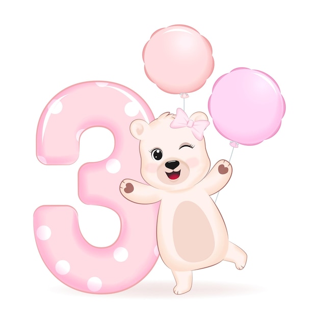 Premium Vector | Cute little bear and balloon happy birthday 3 years old