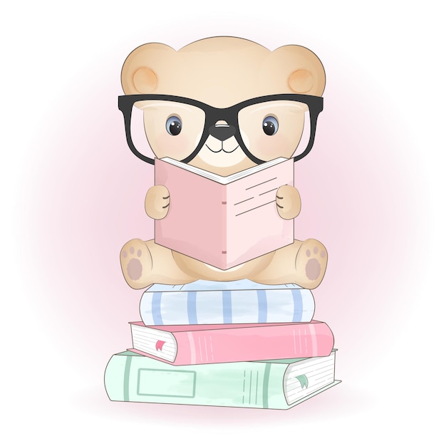 Cute little bear and books hand drawn illustration