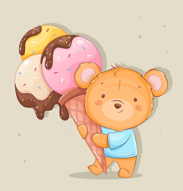 Cute little bear cartoon character with big ice cream funny teddy bear