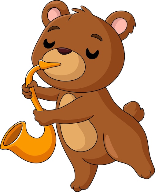 Cute little bear cartoon playing golden trumpet