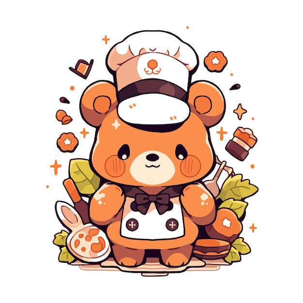 A cute little bear in a chef hat stands in front of some sweets.