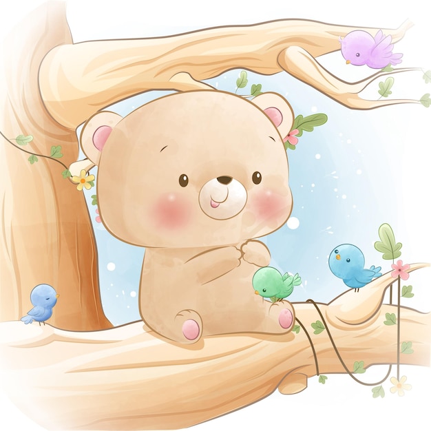 Cute little bear climbing tree with birds