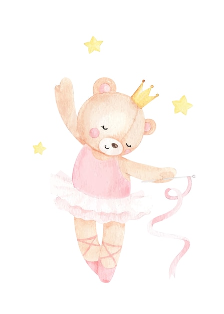 Cute little bear dancing, adorable watercolor illustration