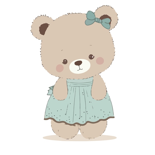 A cute little bear in a dress with a bow.