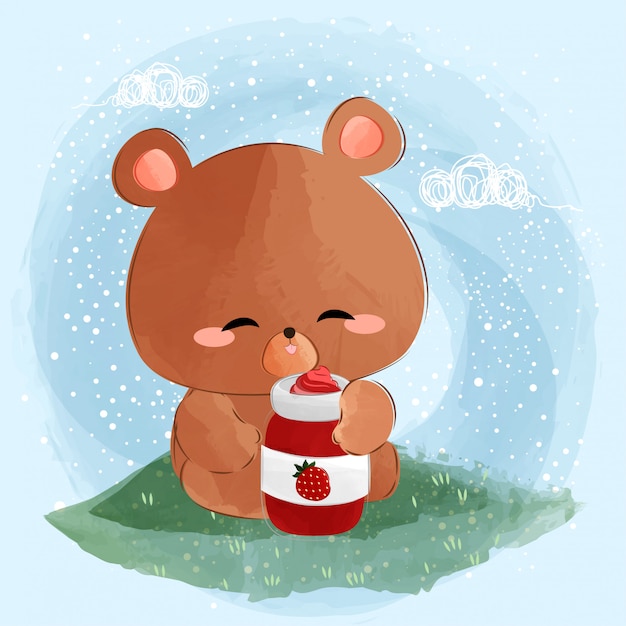 Cute little bear eats strawberry jam