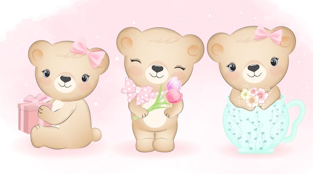 Cute little bear and flowers set illustration