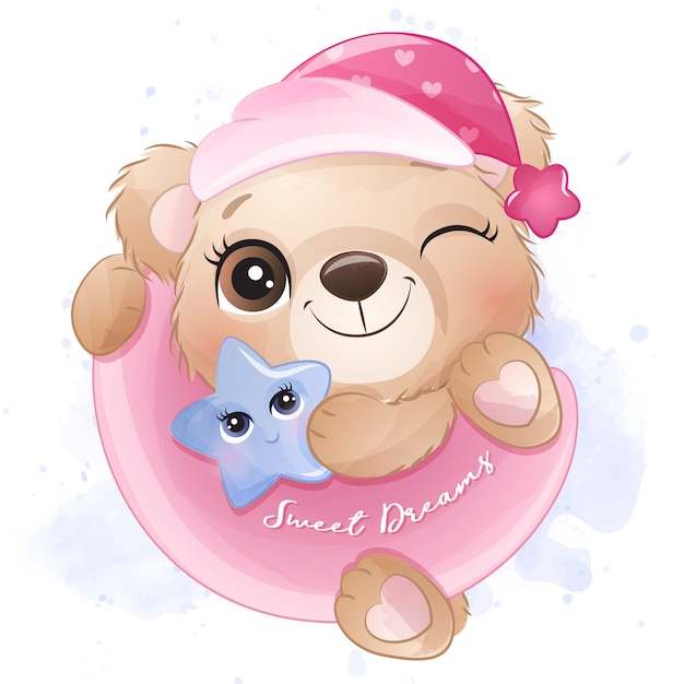 Vector cute little bear hanging a moon illustration