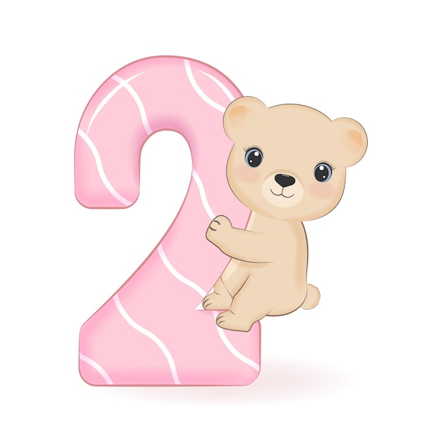 Vector cute little bear happy birthday 2 years old