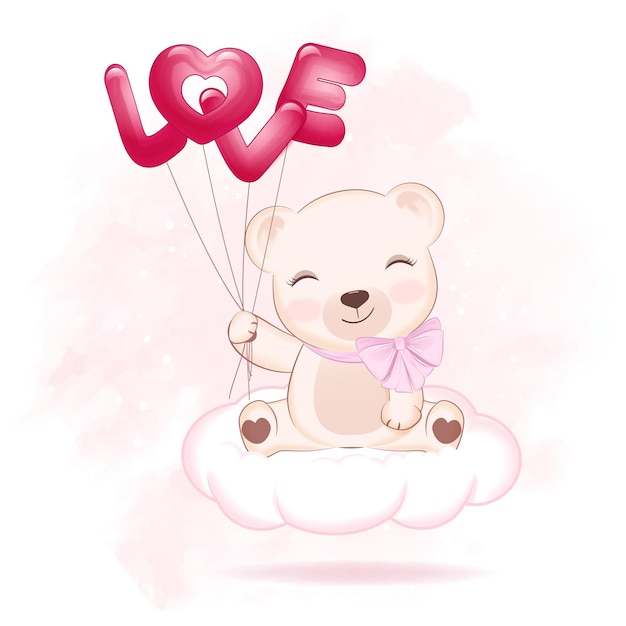 Cute little bear holding balloon valentine's day concept illustration