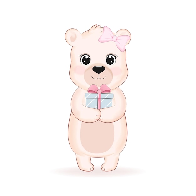 Cute little bear holding gift box cartoon hand drawn illustration