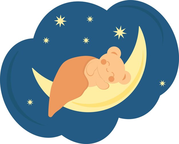cute little bear in kawaii style sleeps under a blanket on the moon on a blue background