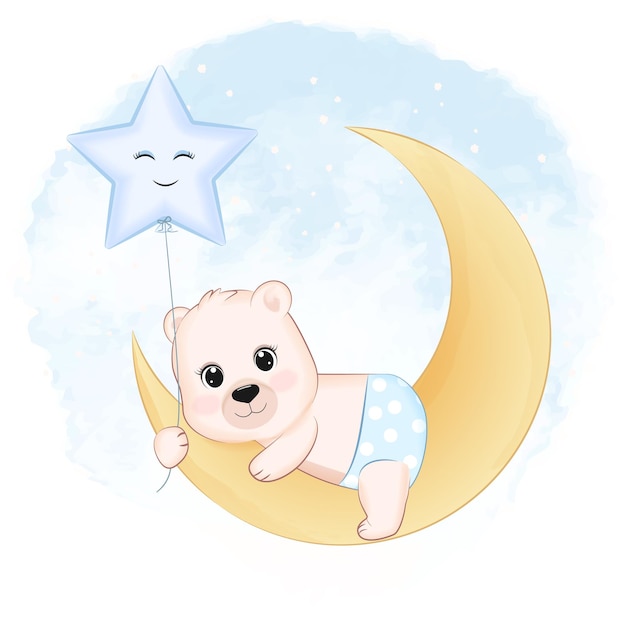 Cute little Bear on the moon animal cartoon illustration