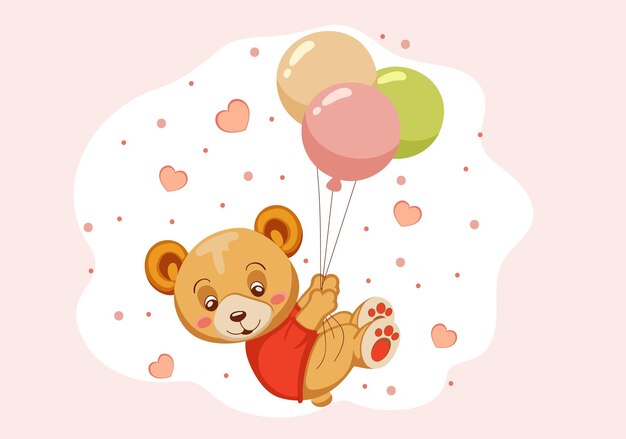 Vector cute little bear on a pink background with hearts and balloons