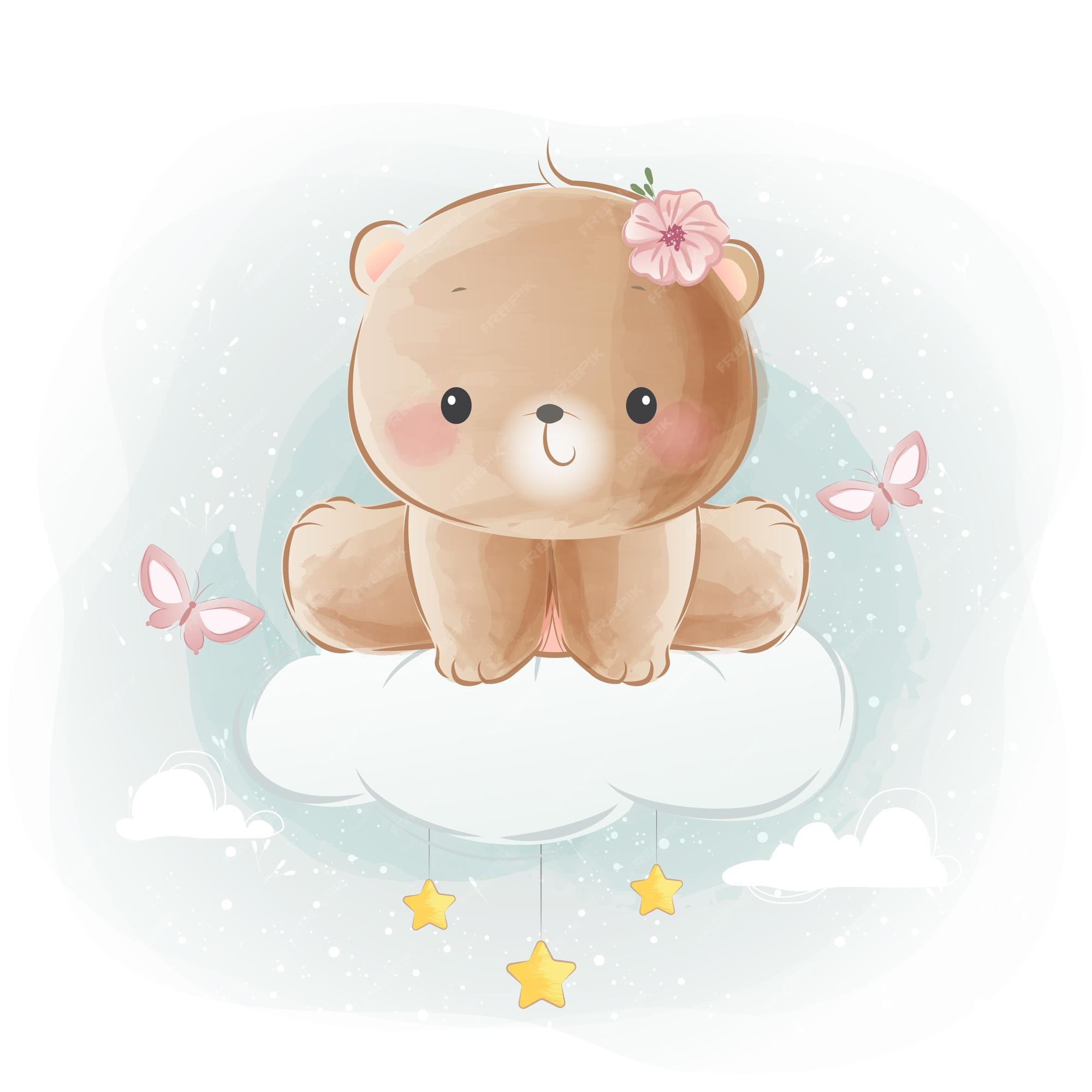 Premium Vector | Cute little bear sitting on cloud