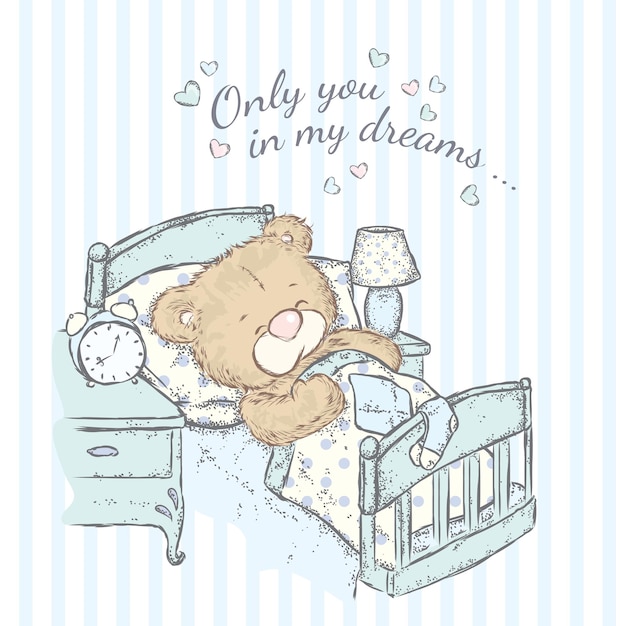 엽서에 대한 침대 그림에서 잠자는 귀여운 작은 곰