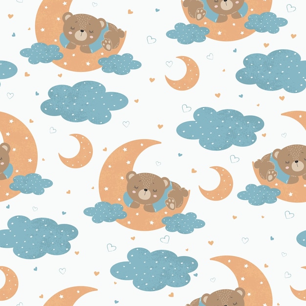 雲と月に眠っているかわいいクマ ポスター生地プリント ポストカードのシームレスなパターン