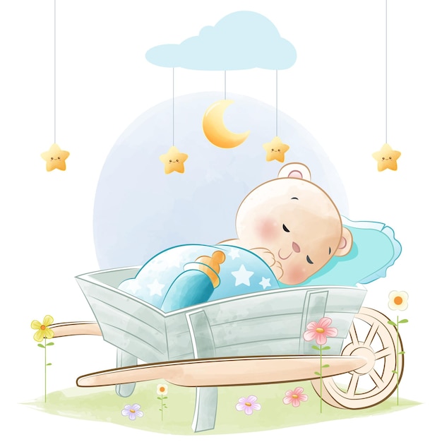 Cute little bear sleeping in stroller watercolor illustration