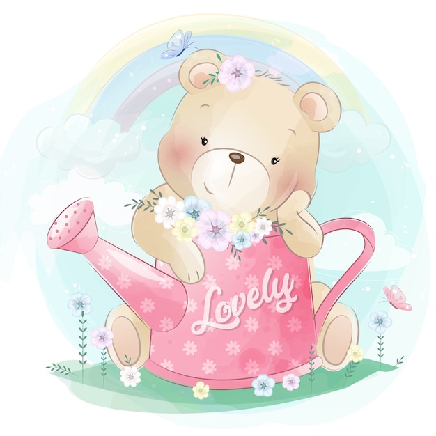 Vector cute little bear with beautiful flower