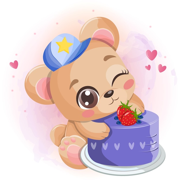 Vector cute little bear with birthday cake vector