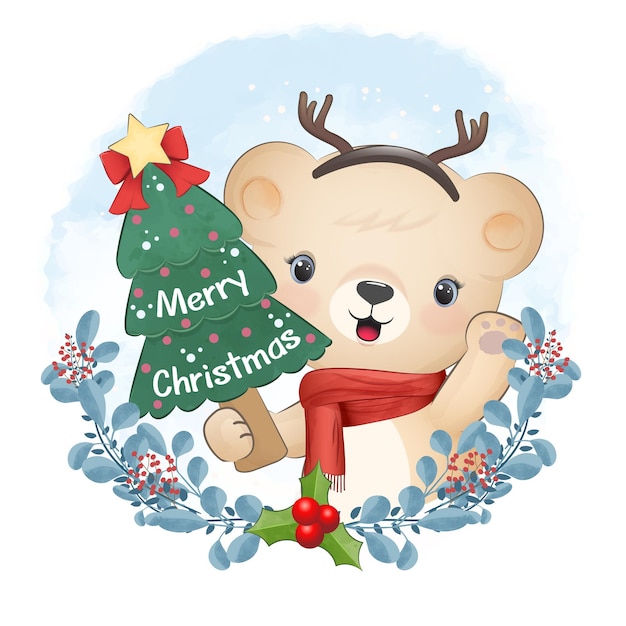 クリスマスツリーと花輪のクリスマスシーズンのイラストとかわいいクマ