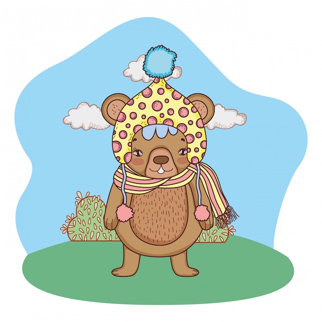 милый маленький медведь со шляпой в лагере