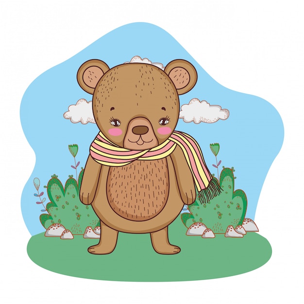 cute little bear with scarf in the camp