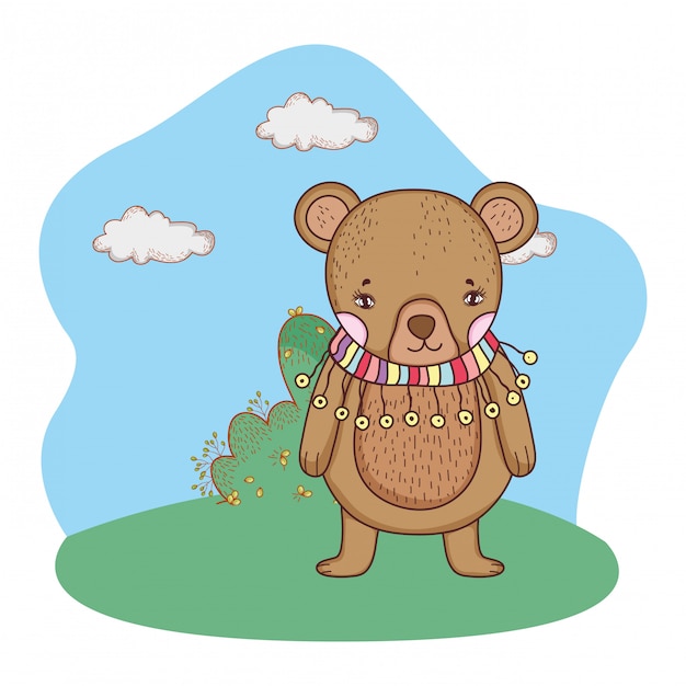 cute little bear with scarf in the camp