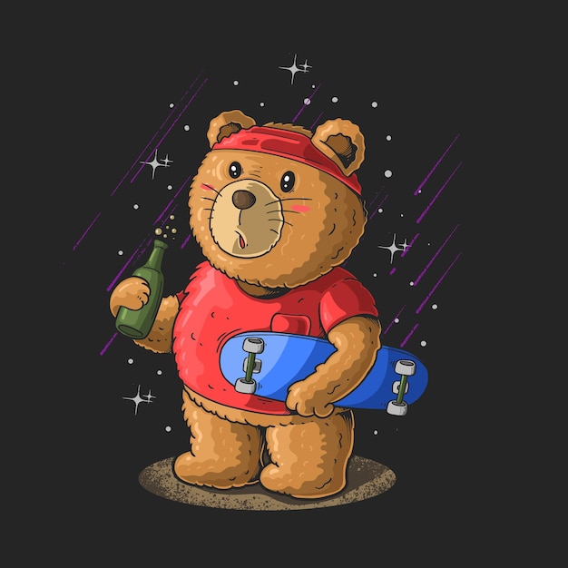 Cute little bear with a skateboard and a beer illustration on black background with stars
