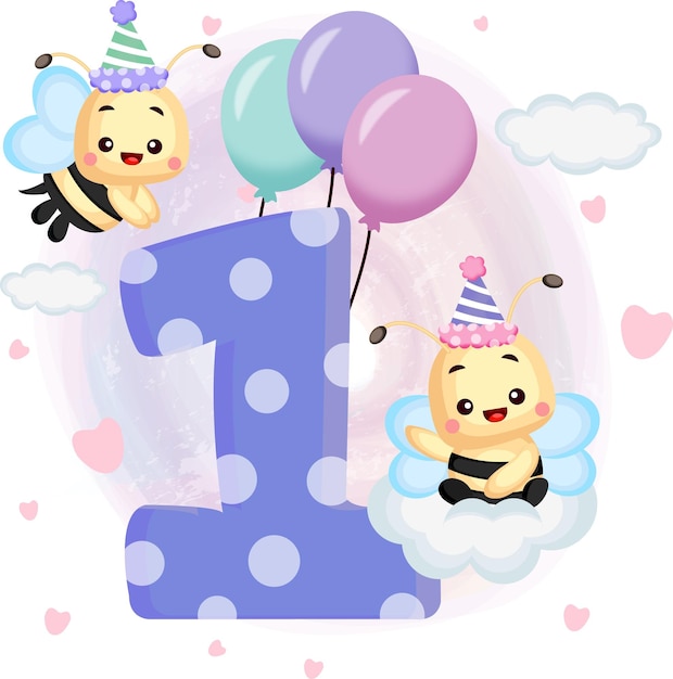 Vector cute little bee happy birthday 1 years