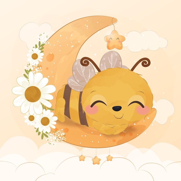 Vector cute little bee in watercolor illustration