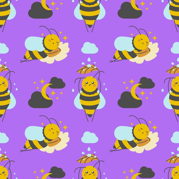 Cute little bees seamless pattern Purple background with sleeping bees