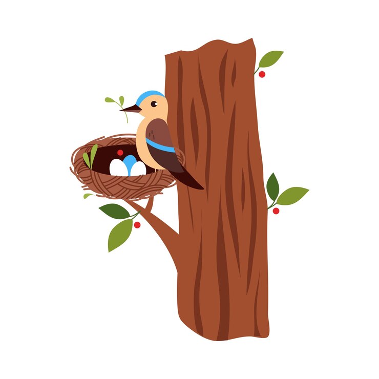 Vector cute little bird as forest habitant sitting in nest on tree trunk vector illustration