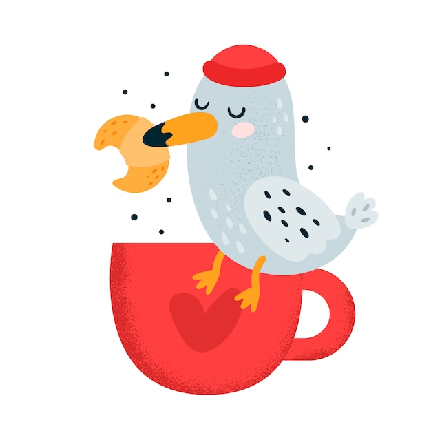 Милая маленькая птичка чайка с круассаном и кофе