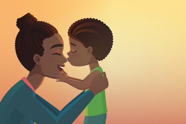 Cute little black african american boy kid kisses his happy mother cartoon  