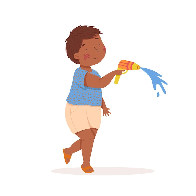 Vector cute little blackskinned boy playing with a water gun vector illustration summer activities children playing outside funny character isolated on a white background