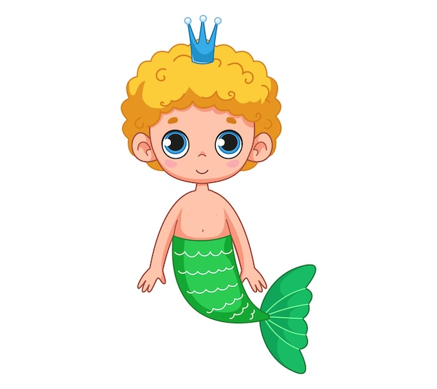 Vector cute little blond boy with a green mermaid tail vector illustration magic character in cartoon style