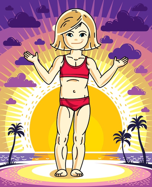 Cute little blonde girl standing on sunset landscape with palms and wearing bath suit. vector human illustration