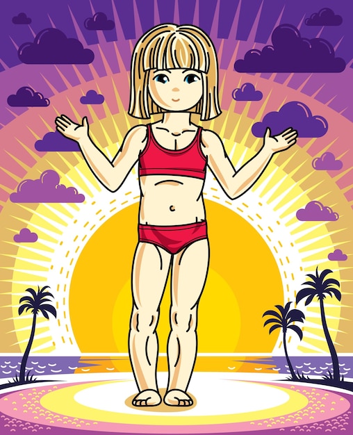 Vector cute little blonde girl standing on sunset landscape with palms and wearing bath suit. vector human illustration.