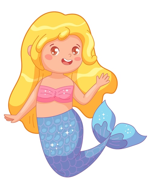 Cute little blonde mermaid with long hair and blue fishtail Vector illustration in childish style for baby shower goods clothes