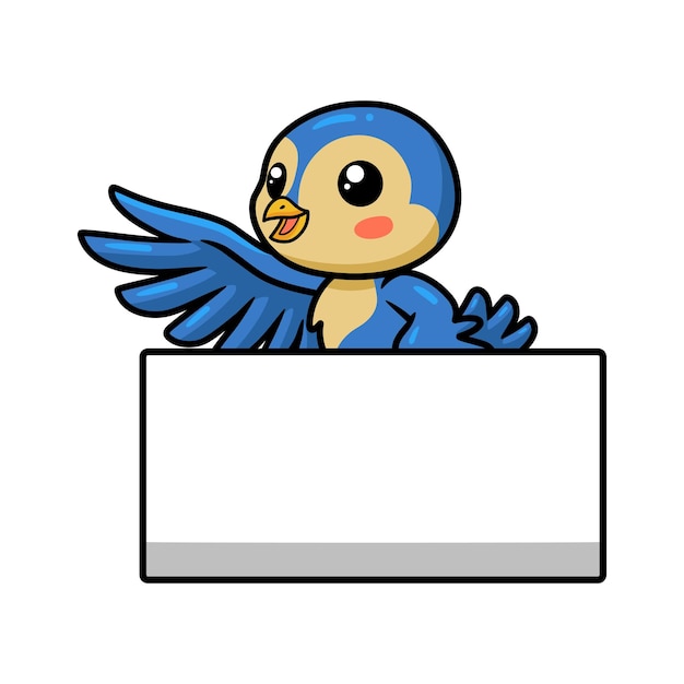 Cute little blue bird cartoon with blank sign waving hand