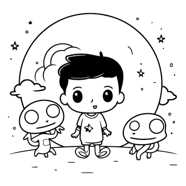 Vector cute little boy and alien on the moon