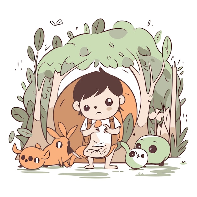Vector cute little boy and animals in the jungle