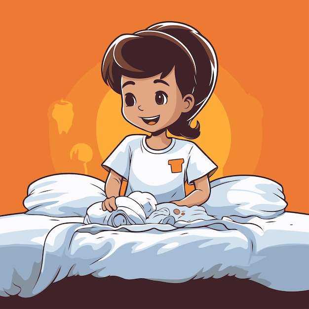 Vector cute little boy in bed cartoon character vector illustration