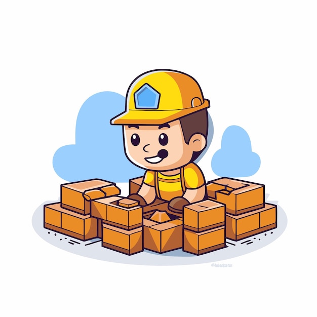 Cute little boy building bricks Construction concept Vector illustration