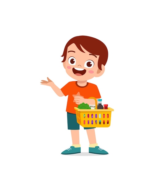 Cute little boy carry basket full of groceries