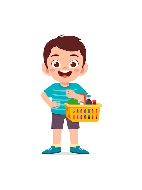 Cute little boy carry basket full of groceries